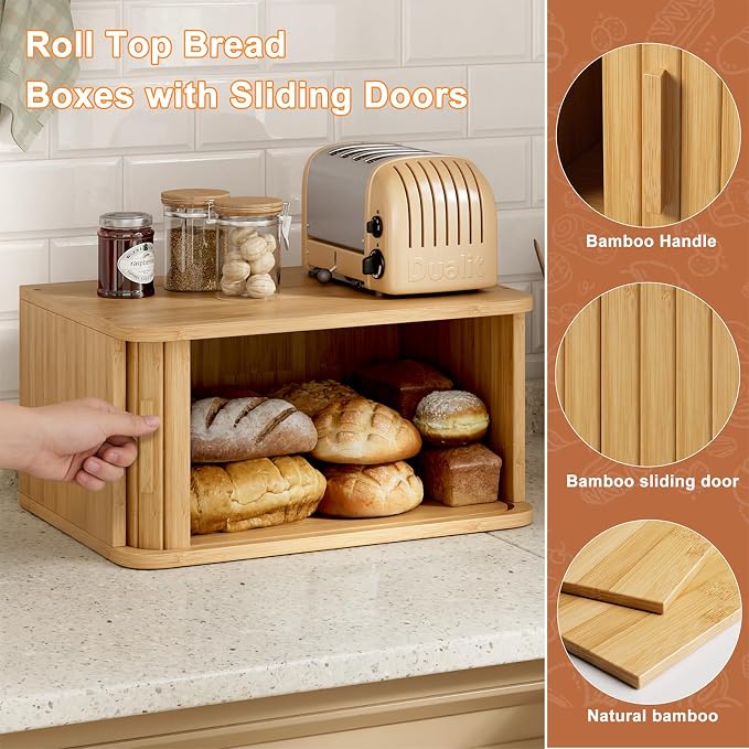 WOWLIVE Roll Top Bread Box for Kitchen Countertop, Bamboo Bread Storage | Airtight Bread Containers, Large Bread Bin with Sliding Door for Loaves, Bagels, Countertop Storage Cabinet, Natural, Medium - Image 4