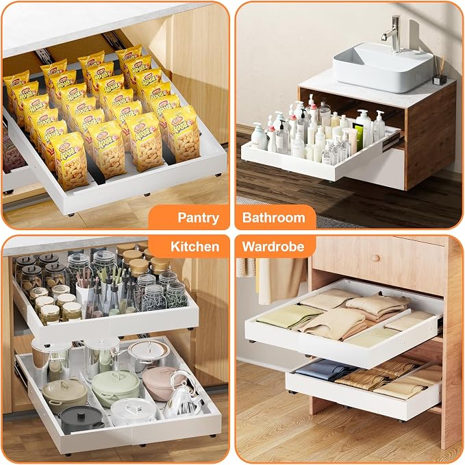 Pull out Cabinet Organizer Expandable W(12"-20") and D(16"-22"), No Drill Adjustable Slide Out Drawers With 3 Slide Rails, 2Pcs Magnetic Panel, Adhesive Roll out Shelves for Kitchen, Cabinets, Pantry - Image 7