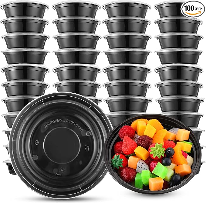 Nuenen 100 Pcs 16 oz Round Meal Prep Containers with Lids Plastic Containers Meal Prep Lunch Box Bowls Take out Food Storage Bento Box Microwavable Freezer Safe(Black) by Nuenen