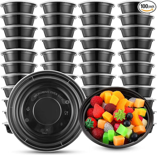 Nuenen 100 Pcs 16 oz Round Meal Prep Containers with Lids Plastic Containers Meal Prep Lunch Box Bowls Take out Food Storage Bento Box Microwavable Freezer Safe(Black) by Nuenen