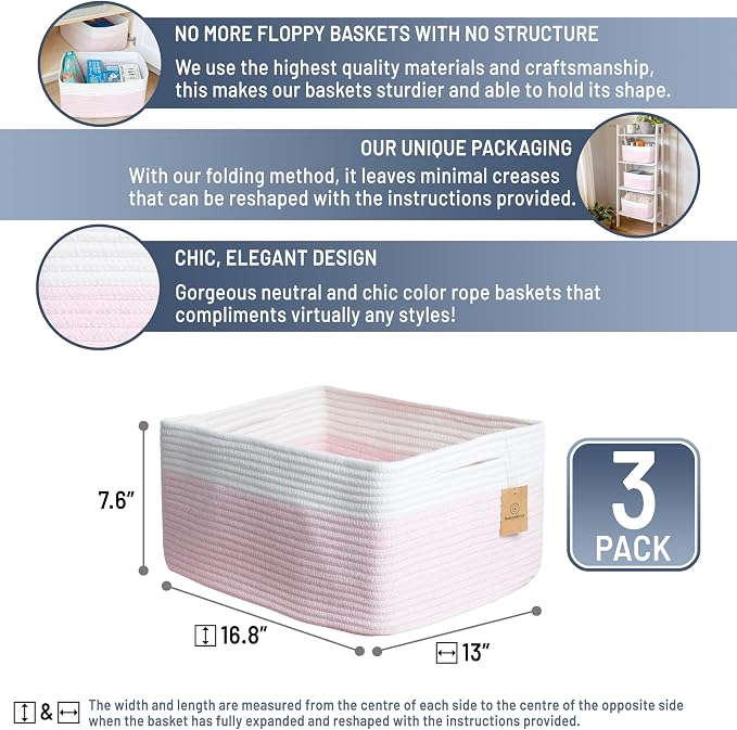 NaturalCozy Storage Baskets 16.8”x13”x7.6” Cotton Rope Woven Baskets for Organizing 3-Pack | Toy Storage Bins | Basket for Shelves, Laundry, Blanket, Clothes, Closet, Kitchen, Bathroom, Gifts - Image 2