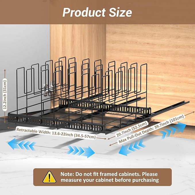 Housolution Pull Out Baking Tray and Cookie Sheet Cutting Board Organizer | 13"-22" Expandable, 21.5" Deep, 8 Adjustable Dividers, Sliding Rail Design, Sturdy Metal Structure, Adhesive/Screw Fixing - Image 7
