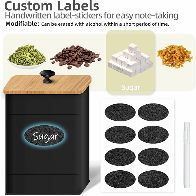 Kitchen Canisters Sets of 4 - Metal Flour Sugar Storage Containers Set for Countertop with Airtight Lids, Coffee Tea Black Canister Set with Customizable Chalkboard Labels & Marker Pen - Image 4
