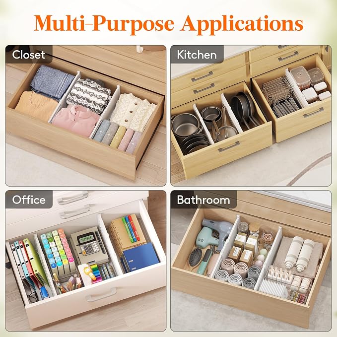 Lifewit 8" Tall Drawer Dividers, Adjustable Deep Drawer Organizer Clothes | 4 Pack 13.8"-22.2" Expandable White Plastic Separators for Dresser, Kitchen, Cabinet, Closet, Office Organization & Storage - Image 7