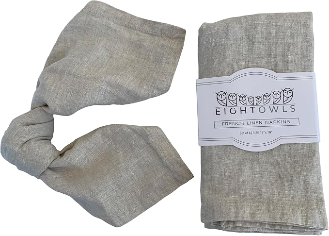 Linen Napkins –100% French Flax – Stonewashed Pure Linen Cloth Napkins - Size 18 Inch x 18 Inch – Set of 4 (Natural) by EightOwls