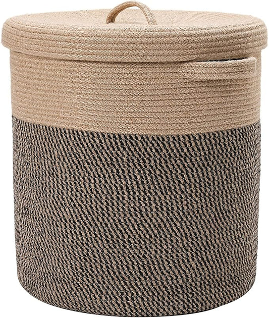 16x18 Inch Extra Large Round Cotton Rope Storage Basket with Lid, Decorative Woven Bin with Cover for Living Room Bedroom Closet, Jute & Black Mix by Cottonphant