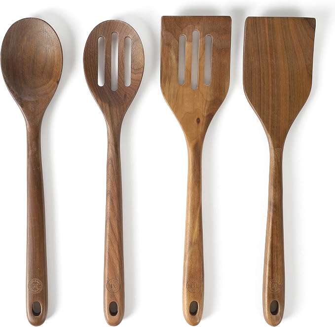 Martha Stewart Bainford 4-Piece Wooden Kitchen Utensil Set, Walnut – Cooking Spoons and Turner Tools for Nonstick Cookware, Heat Resistant, Durable Hardwood by MarthaStewart