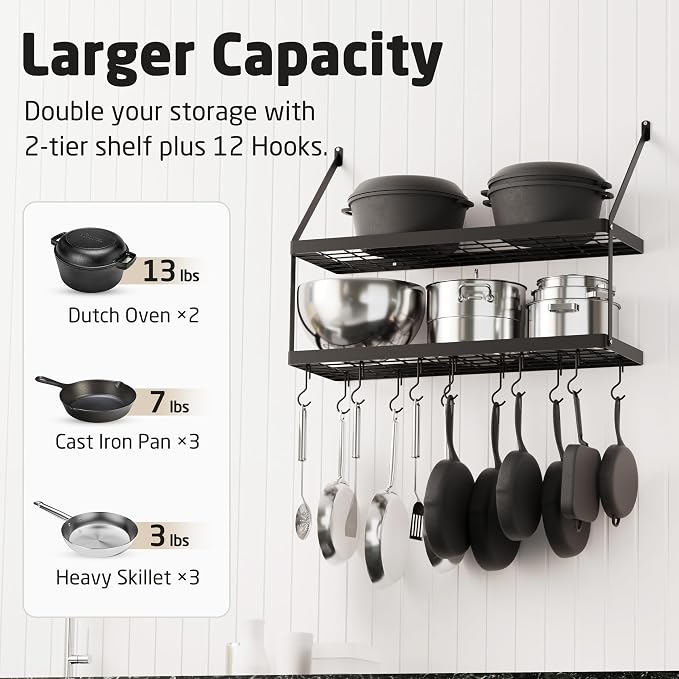 KES 2-Tier Wall Pot Rack, 30-Inch, 100 Lbs Load, Heavy-Duty, Matte Black | 12 Removable S-Hooks, Cast Iron Pots and Pans Organizer, 16-Inch Stud Spacing, Kitchen & Dining Storage - Image 2