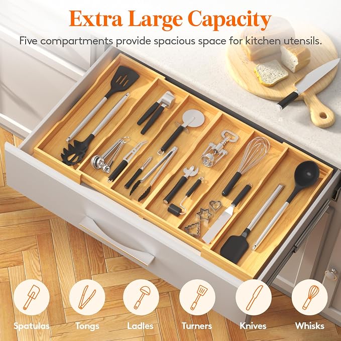 Lifewit Utensil Drawer Organizer, Expandable Kitchen Tool Tray, Wood Adjustable Flatware and Spatula Storage Divider, 17.8-28.3 x 17 x1.8 - Image 5