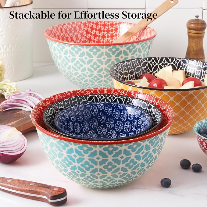 DOWAN Mixing Bowls, Ceramic Mixing Bowls for Kitchen, Colorful Vibrant Nesting Bowls for Cooking, Baking, Prepping, Serving, Salad, Housewarming Gift, Microwave Dishwasher Safe, 3.7/2/1 Qt, Set of 3 - Image 5