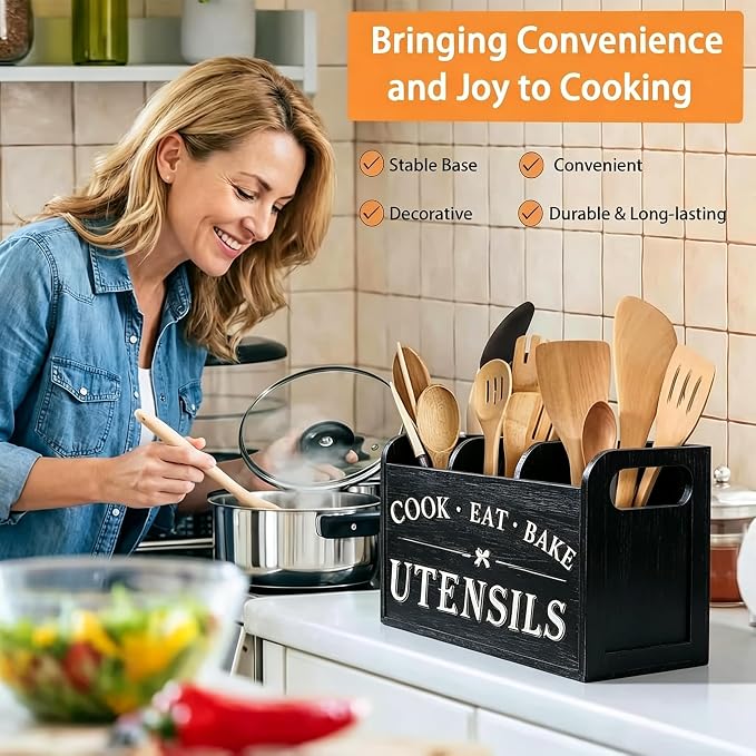 A CENTER Rustic Wooden Utensil Holder for Kitchen Counter Decor | Extra Large Kitchen Utensil Holder Silverware Caddy Farmhouse Wood Cutlery Holder Cooking Utensil Stand-Black - Image 6