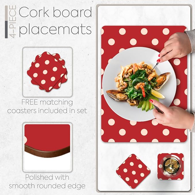 Set of 4 Heat Resistant Cork Placemats for Dining Table with Free Set of 4 Matching Drink Coasters Cream & Red Polkadot Design 16 x 12 Inches Cork Backed Hard Placemats (Red Polkadot) - Image 4