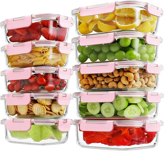 10 Pack Borosilicate Glass Meal Prep Containers with Locking Lids, Glass Food Storage Containers Set, Airtight Lunch Bento Boxes, BPA-Free & Leak Proof, 36oz & 14oz, Freezer, Oven Safe-Pink by HOMBERKING