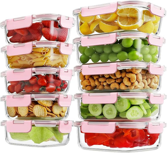10 Pack Borosilicate Glass Meal Prep Containers with Locking Lids, Glass Food Storage Containers Set, Airtight Lunch Bento Boxes, BPA-Free & Leak Proof, 36oz & 14oz, Freezer, Oven Safe-Pink by HOMBERKING