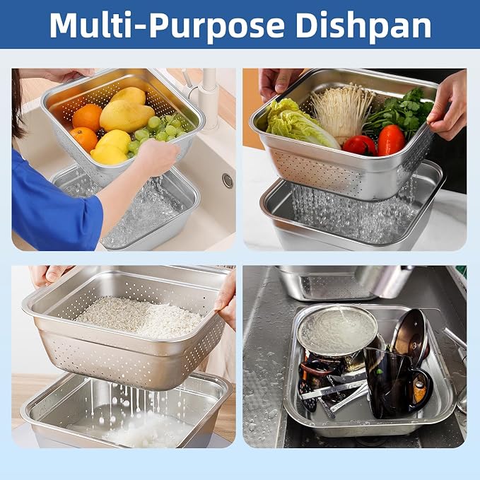 2-in-1 Stainless Steel Washing Up Bowl Set, 12.8" Sturdy Square Dish Tub with Colander, Fruit Vegetable Washing Basin for Sink, Food Grade Dishpan for Draining Rice, Pasta, Food Strainer Mixing Bowl - Image 4