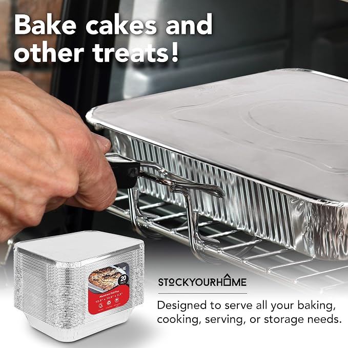 Stock Your Home Foil Pans with Lids - 9x13 Aluminum Pans with Covers - 20 Foil Pans and 20 Foil Lids - Disposable Food Containers Great for Baking, Cooking, Heating, Storing, Prepping Food Silver - Image 6