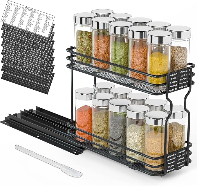 SpaceAid Pull Out Spice Rack Organizer for Cabinet, Heavy Duty Slide Out Seasoning Kitchen Organizer, Cabinet Organizer, with Labels, 4.5" W x10.75 D x8.5 H, 1 Drawer 2-Tier by SpaceAid