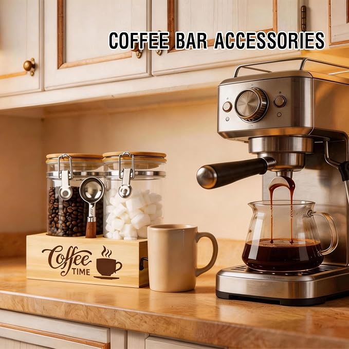 Glass Coffee Canister Set with Shelf & Spoon 2 Piece Coffee Containers for Coffee Bean Storage Airtight Seal, Coffee Bar Accessories Filter Holder for Kitchen Organization - Image 8