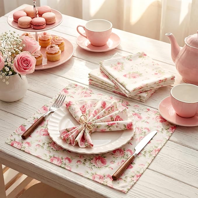 24 Pcs Floral Cloth Napkins 6 Patterns Washable Dinner Tea Party Napkins Reusable Plant Flowers Square Napkin Cotton Towel Decorative for Summer Wildflower Party(Pink Rose) - Image 3