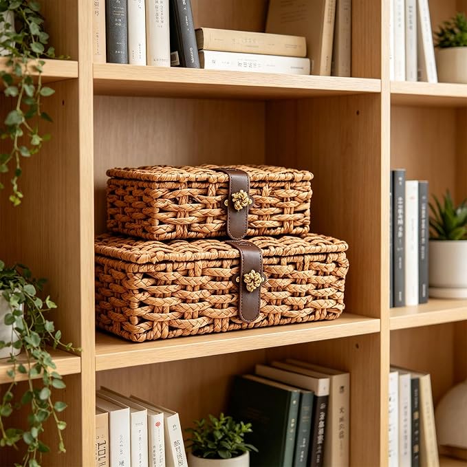Set of 2 Seagrass Storage Boxes with Lid | Rectangular woven shelf baskets for table home decor & daily organization - Image 2