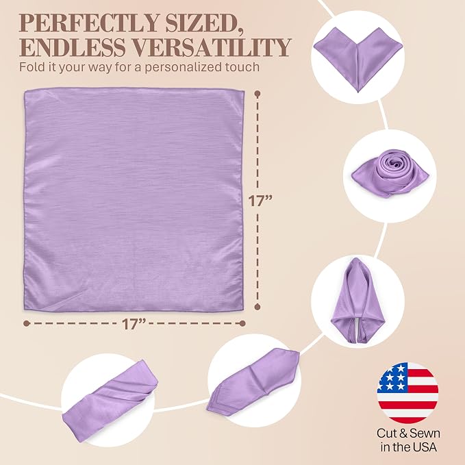 17 x 17-Inch Shantung Satin Cloth Napkins, Lilac Set of 24 | Bulk Case of 2 Dozen, Square, 100% Polyester Fabric, Reversible, Faux Dupioni Silk Reverse Side, Machine Washable, Purple - Image 6