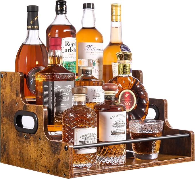 YQBRAO 3-Tier Liquor Bottle Display Shelf, 16-Inch, Rustic Brown | Holds up to 12 bottles with a compact footprint and raised rows for coffee syrups, spirits, kitchens, and home bars. by Unknown