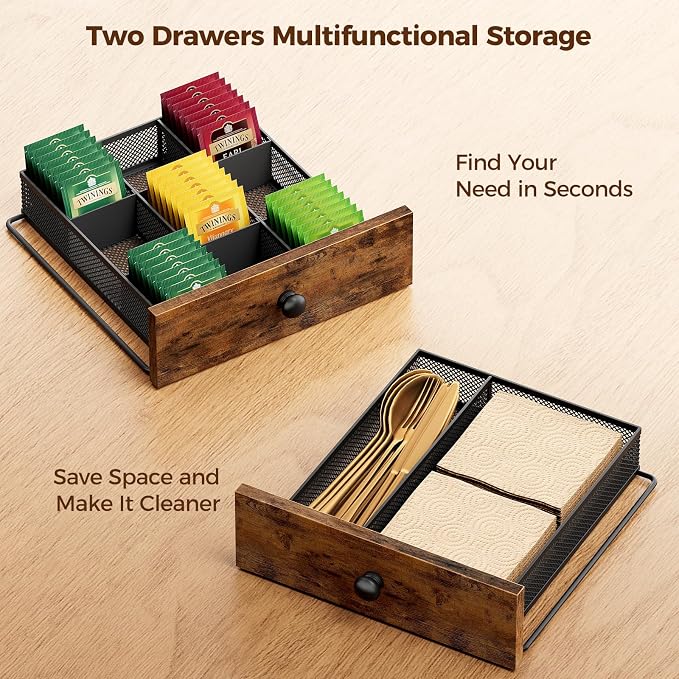 Plaviya Wood Tea Bag Organizer with 2 Drawers for Countertop | Tea Bag Holder and Storage, 9 Compartments, Utility, Home, Kitchen, Office, Rustic Brown - Image 5