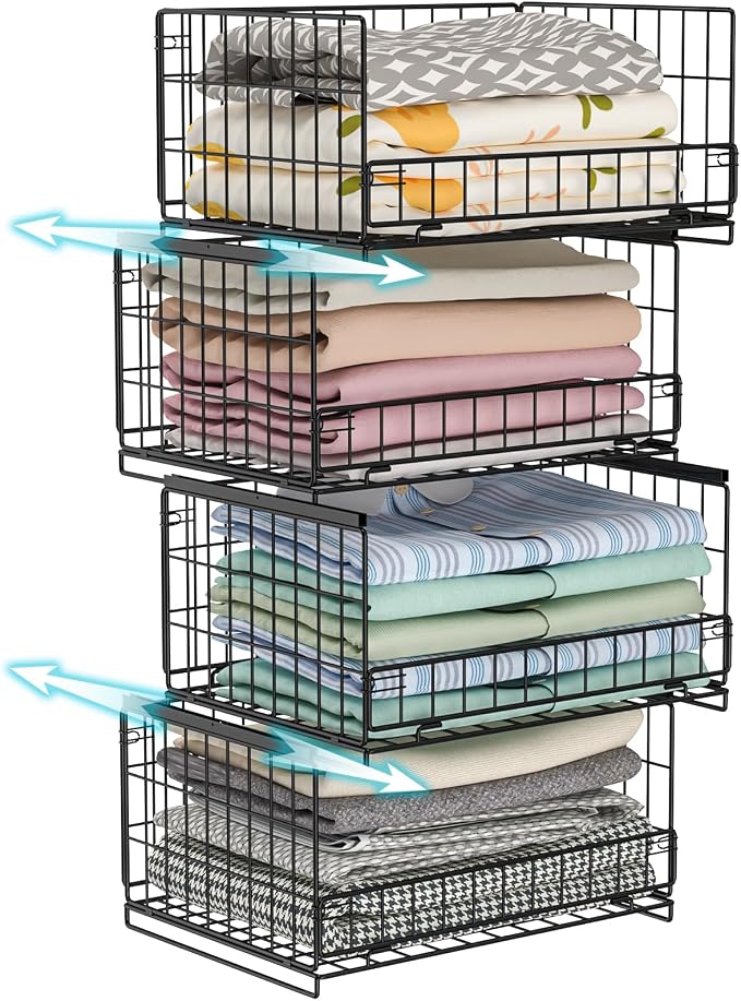 Hongtamoya 4-Tier Sliding Closet Organizers and Storage Shelves, Stackable Closet Shelf Organizer Basket Bins, Drawer Shelf Storage Container for Wardrobe Cupboard Kitchen Bathroom Office, Black by Hongtamoya