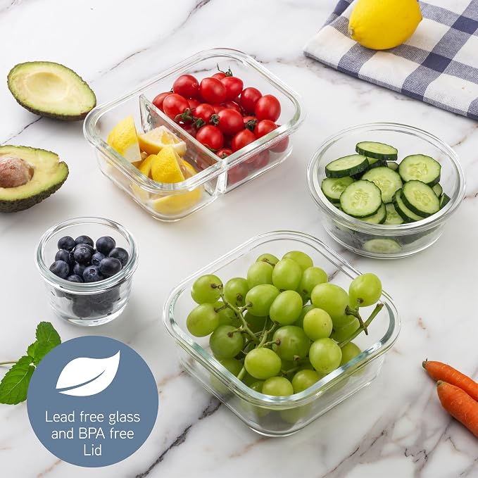 COOK WITH COLOR Premium 32-Pc. Borosilicate Glass Food Container Set with Dividers - 4 Rectangles, 8 Rounds, 4 Squares - Leakproof Lids - Meal Prep, Storage, Ombre Blue - Image 5