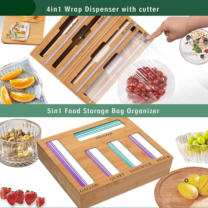 9 In 1 Storage Bag Organizer And Plastic Wrap Dispenser With Cutter, Bamboo Foil and Plastic Wrap Organizer - Image 6