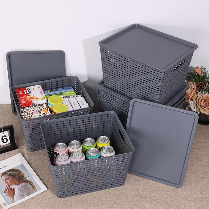 Ggbin 6-Pack Large Plastic Weave Storage Baskets Bins with Lids, Grey | Stackable - Image 5