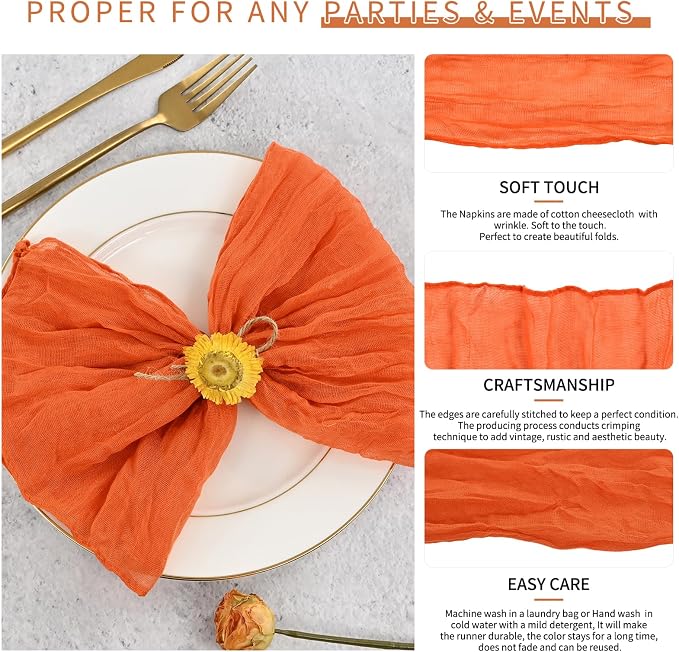 42 Packs Gauze Cheesecloth Napkins Orange 20 x 20 Inch Burnt Orange Wrinkled Dinner Napkins, Rustic Boho Soft Cloth Napkin for Wedding Party Event Dinner Table Decoration - Image 3