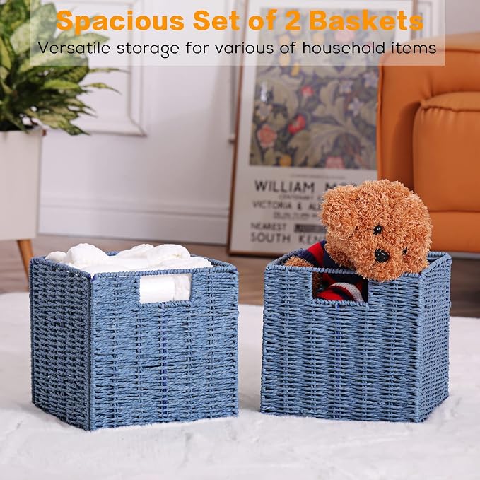 Wicker Storage Basket, Set of 2 Hand-Woven Storage Baskets for Shelves with Handles, Foldable Cube Storage Bins Organizer, Blue 13x13 Inch Large Wicker Baskets for Pantry Bedroom Decor, Blue - Image 6