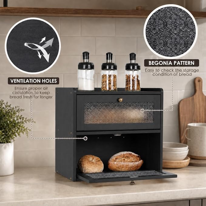 Sunhoo Bread Box for Kitchen Countertop, Large Pine Wood Breadbox, Black | Farmhouse Pantry Container, Double Layer Storage, Fresh Homemade Sourdough Bin, Vintage Textured Acrylic Door, Easy Assembly - Image 2