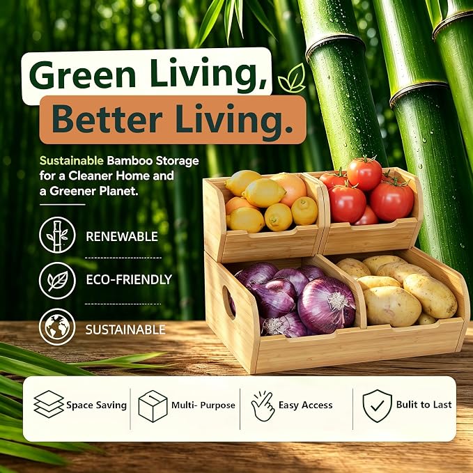 Potato and Onion Storage Bin – 3 Pack Bamboo Pantry Organizer Baskets for Kitchen Counter, Stackable & Ventilated Produce Basket for Fruit, Vegetable, Garlic & Snacks - Image 2