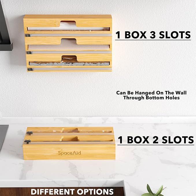 SpaceAid WrapNeat 3 in 1 Wrap Organizer with Cutter and Labels, Plastic Wrap, Aluminum Foil and Wax Bamboo Dispenser for Kitchen Storage Organization Holder for 12" Roll (Natural) - Image 7