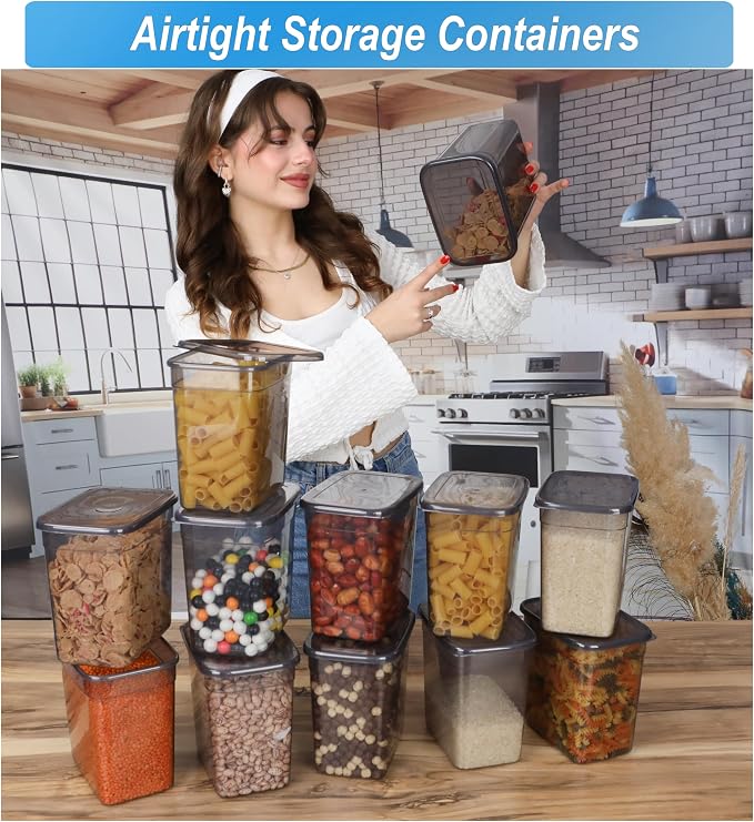 T&D HOME GOODS Storage Jars with Lid, Airtight, Set of 12 Storage Containers, BPA-Free, Storage Container for Cereal, Flour, Kitchen, Practical Organiser Kitchen, (12, Rectangular) - Image 3