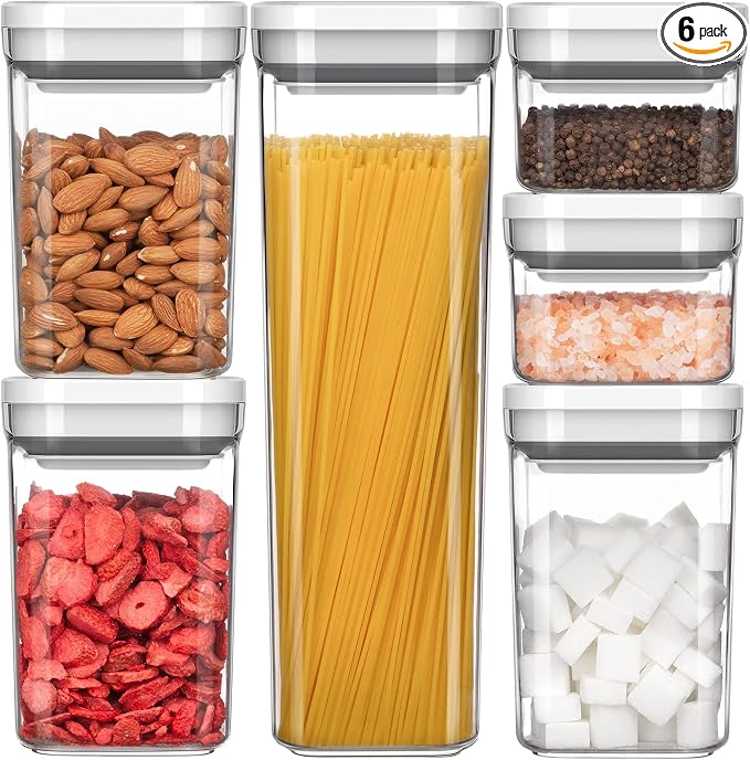 MR.SIGA 6 Piece Airtight Food Storage Container Set for Pantry Organization | BPA Free, stackable, one-handed kitchen storage containers for cereals, spaghetti, pasta, white by MRSIGA