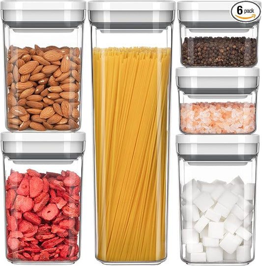 MR.SIGA 6 Piece Airtight Food Storage Container Set for Pantry Organization | BPA Free, stackable, one-handed kitchen storage containers for cereals, spaghetti, pasta, white by MRSIGA