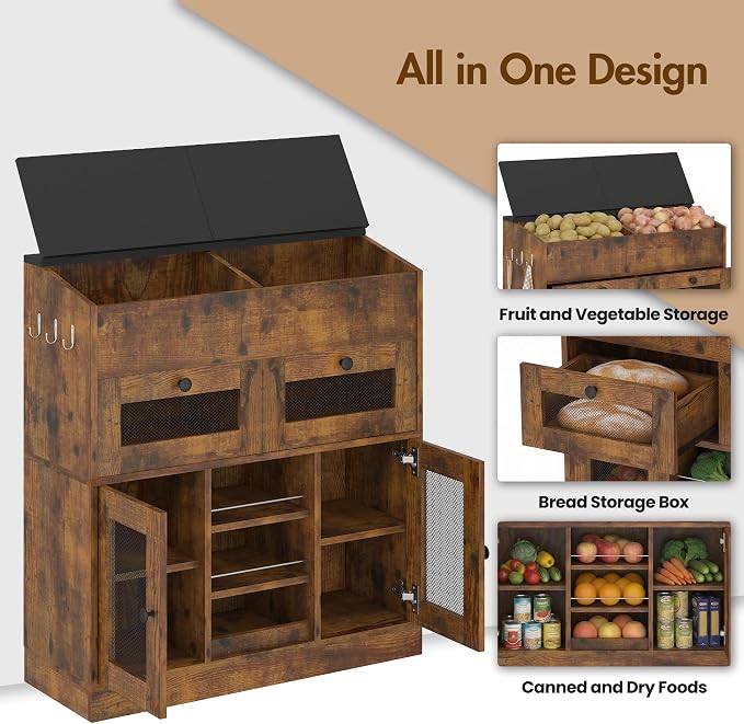 Wooden Potato and Onion Storage Bin with Lid, Potato Bin with 2 Mesh Drawers, 5-Tier Fruit & Vegetable Cabinet with Mesh Doors, Rustic Kitchen Organizer with Adjustable Shelves for Pantry (31.9") - Image 5
