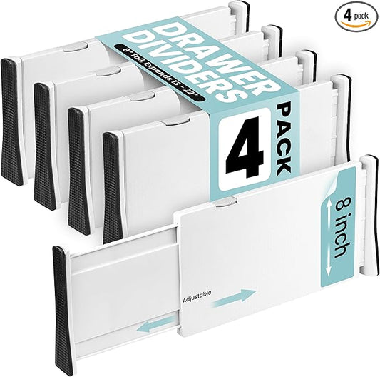 RAPTUROUS Adjustable Drawer Dividers, 8" Tall, Expandable 13.35-22", 4-Pack, Non-Slip for Deep Drawers in Kitchen, Bedroom, and Closet (White) by Rapturous
