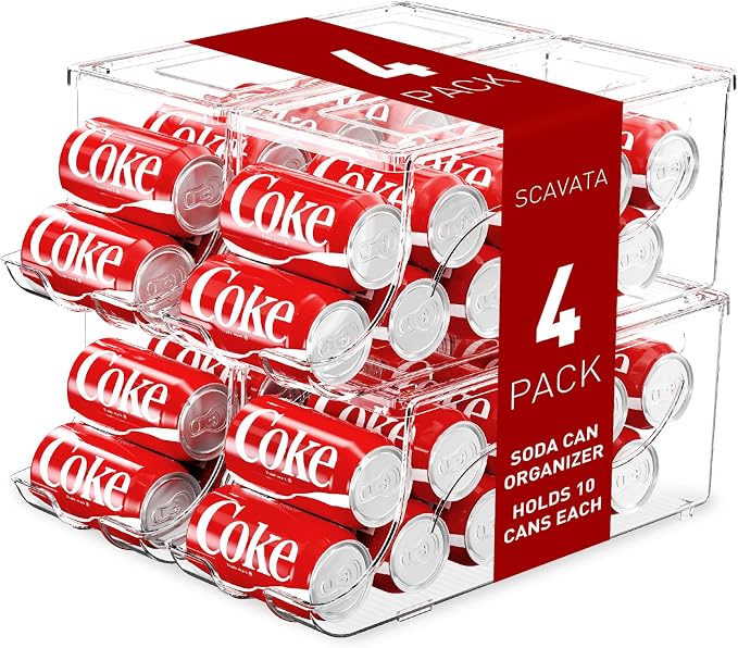 SCAVATA 4 Pack Stackable Refrigerator Organizer, Soda Can Dispenser Pop Cans Container Beverage Holder with Lid for Fridge, Freezer, Kitchen, Clear Plastic Storage Bins-Holds 10 Cans Each by Tidyyourlife