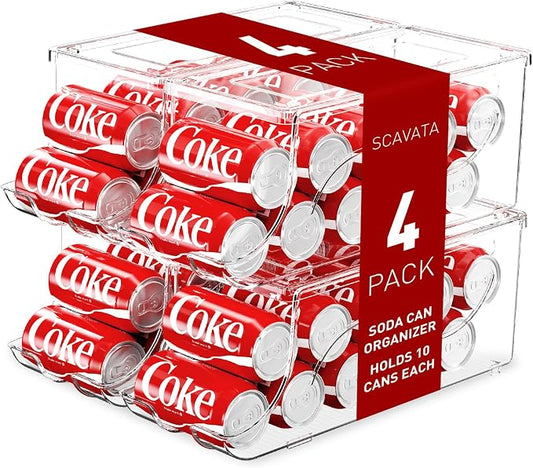 SCAVATA 4 Pack Stackable Refrigerator Organizer, Soda Can Dispenser Pop Cans Container Beverage Holder with Lid for Fridge, Freezer, Kitchen, Clear Plastic Storage Bins-Holds 10 Cans Each by Tidyyourlife