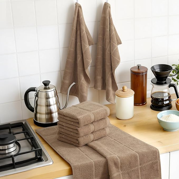 Homaxy 100% Cotton Kitchen Towels 18"x28", 4 Pack Dish Towels, Khaki | Large 380 GSM Soft and Absorbent Kitchen Hand Towels with Terry Grid Design, Utility Tea Towel Set with Hanging Loop - Image 8