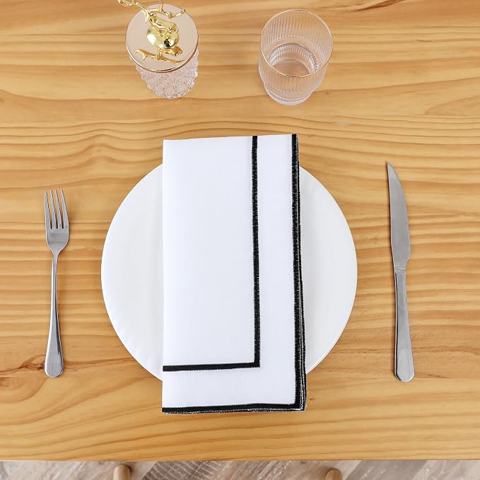 Majestic Giftware Set of 12 Polyester Napkins (NPK-BK) | White Black Trim Design Dinner Napkins Cloth | Linen Look Washable Cloth Napkins Set for Weddings, Banquets, or Restaurants (20" x 20") by MajesticGiftware