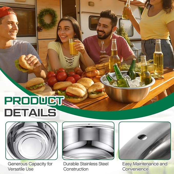 2 Pack 12 Quart 304 Stainless Steel Mixing Bowl Flat Bottom Large Steel Big Prep Mixing Bowl for Salad Kitchen Dish Washing Pan Cooking Baking Meal Home Produce Eater with Hole, 15.7 Inch - Image 3