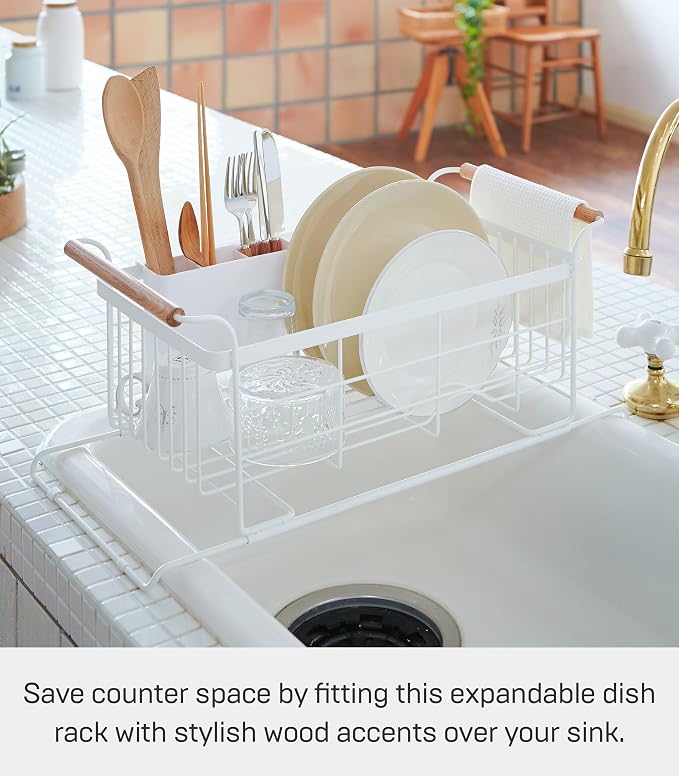 YAMAZAKI Home Over-The-Sink Dish Drainer Rack - Expandable Kitchen Drying Organizer Holder - No Assembly Req. | Expandable over-the-sink dish rack with plate drying organizer. Durable steel and wood construction. Built for daily use. - Image 2
