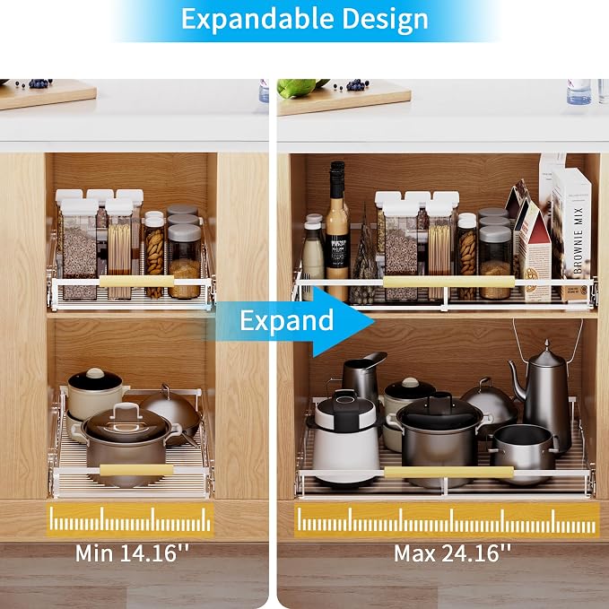 Expandable Pull Out Drawer Cabinet Organizer, Adjustable Width Bottom-Mounted Slide Out Storage Shelves for Cabinets, Required Cabinet Size (14.16"~24.36", D≥17.3"), 1 Pack, Stainless Steel - Image 4