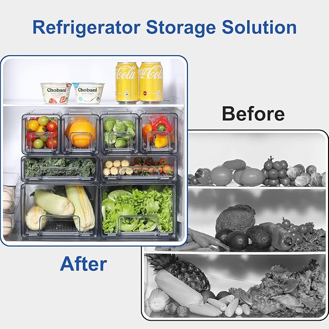Refrigerator Organizers and Storage Drawers (Complete Set) | Produce Water Draining, BPA Free, Stackable, Clear, Fruit and Veggie Organization, Pull Out Bins - Image 3