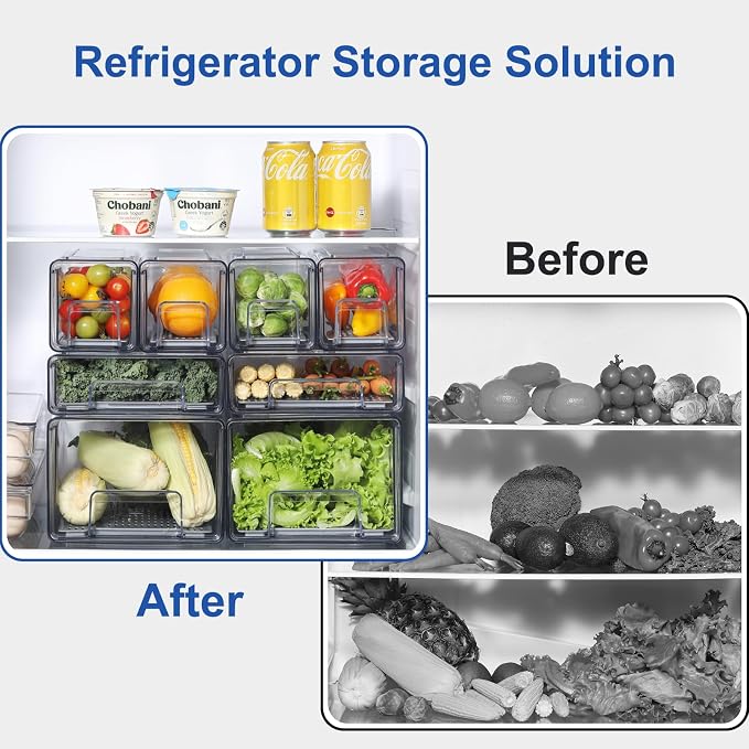 Refrigerator Organizers and Storage Drawers (Complete Set) | Produce Water Draining, BPA Free, Stackable, Clear, Fruit and Veggie Organization, Pull Out Bins - Image 3